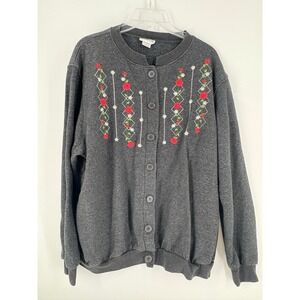 Bon Worth Womens Medium Embroidered Button Front Sweatshirt‎ Gray Floral